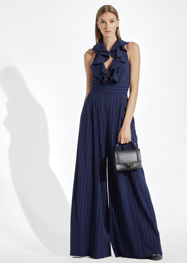 Ralph Lauren Alandra Striped Wool Jumpsuit Tmavě Blankyt Krém | JpA9mHTR