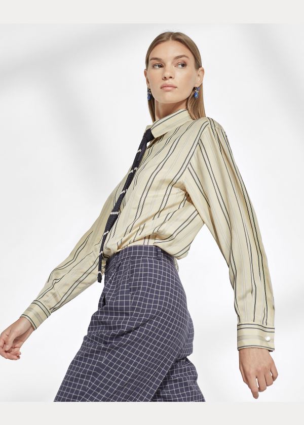 Ralph Lauren Alyssa Striped Silk Shirt Světle Blankyt Krém | Z29pbgsk