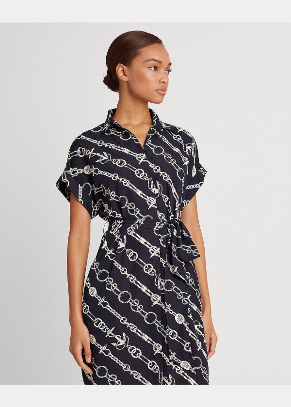 Ralph Lauren Anchor-Print Crepe Shirtdress Tmavě Blankyt Krém | TpzlF4gc