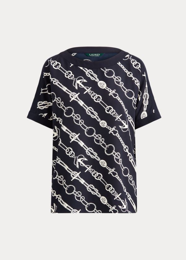 Ralph Lauren Anchor-Print Crepe Top Tmavě Blankyt Krém | OBahRCy2