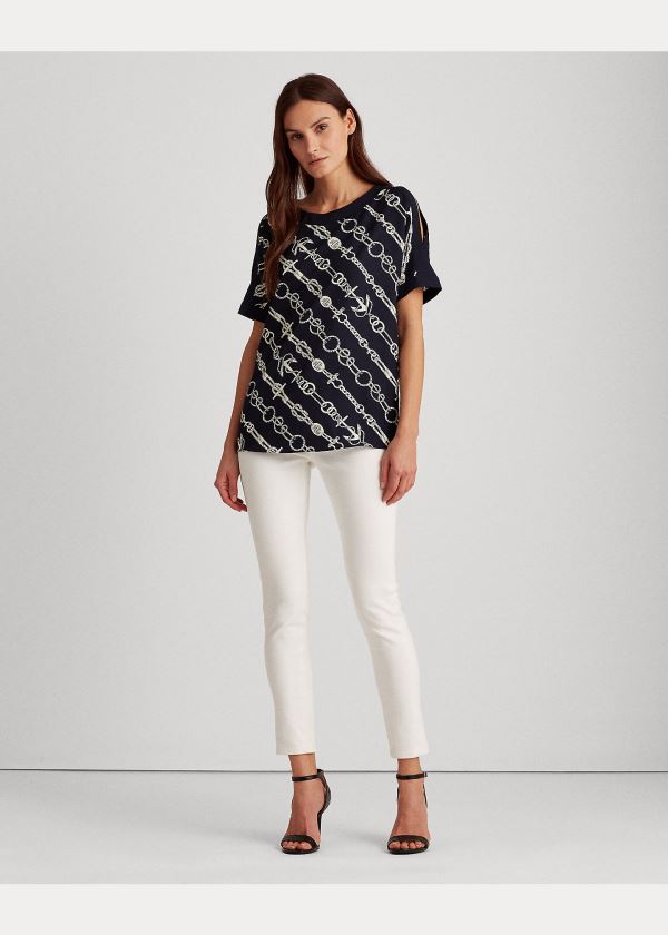 Ralph Lauren Anchor-Print Crepe Top Tmavě Blankyt Krém | OBahRCy2