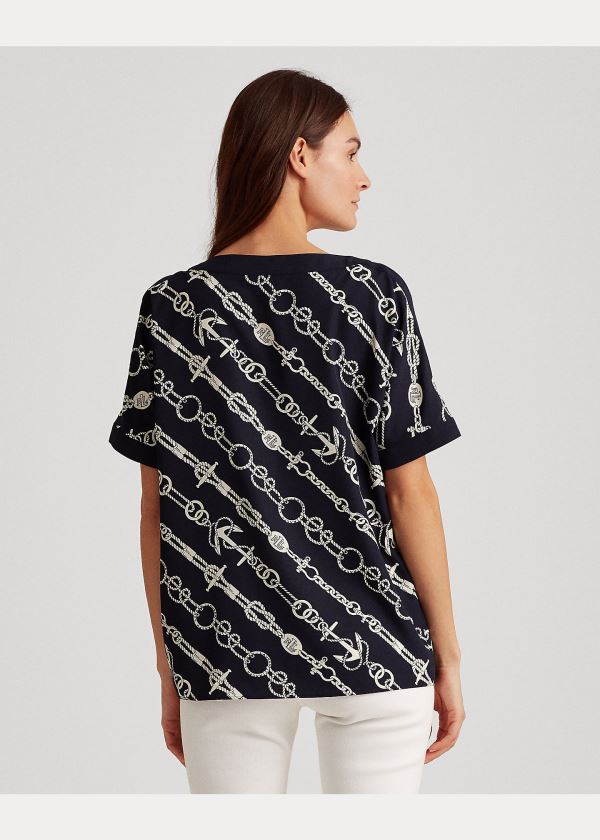 Ralph Lauren Anchor-Print Crepe Top Tmavě Blankyt Krém | OBahRCy2