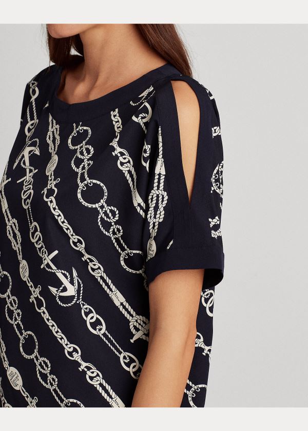 Ralph Lauren Anchor-Print Crepe Top Tmavě Blankyt Krém | OBahRCy2