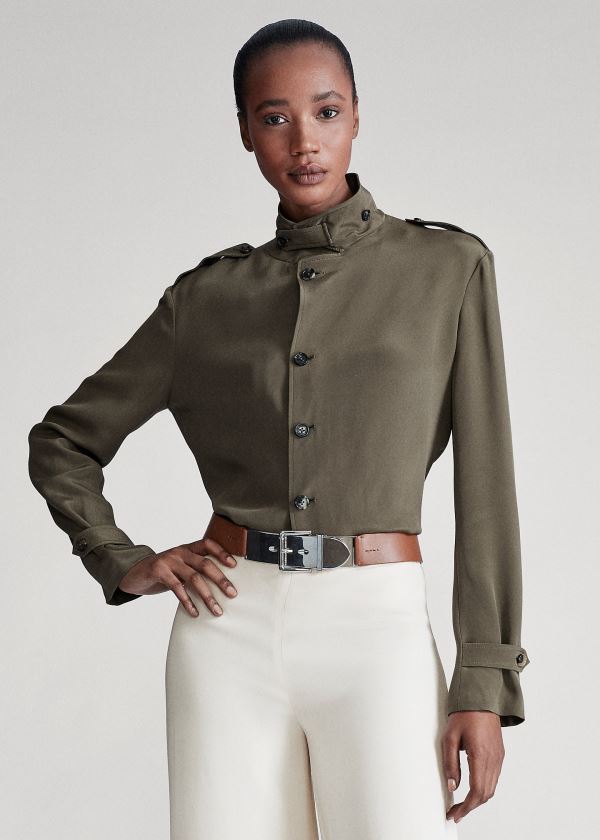 Ralph Lauren Ansley Silk Marocain Shirt Olivy Zelené | kSqsbbr3