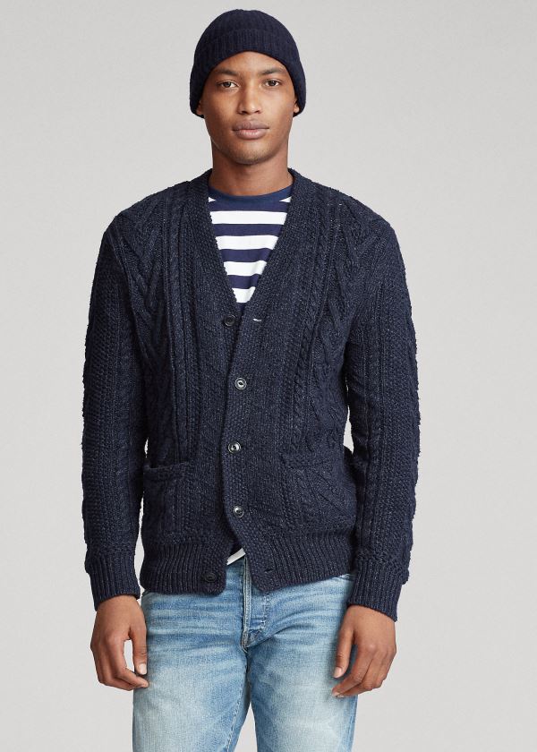 Ralph Lauren Aran Bavlněné-Blend Cardigan Tmavě Blankyt | REeQdmt4