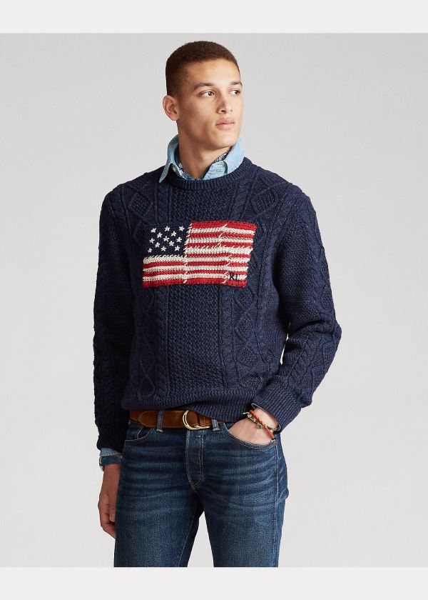 Ralph Lauren Aran Patchwork-Flag Svetrové Tmavě Blankyt | X1GlPifM