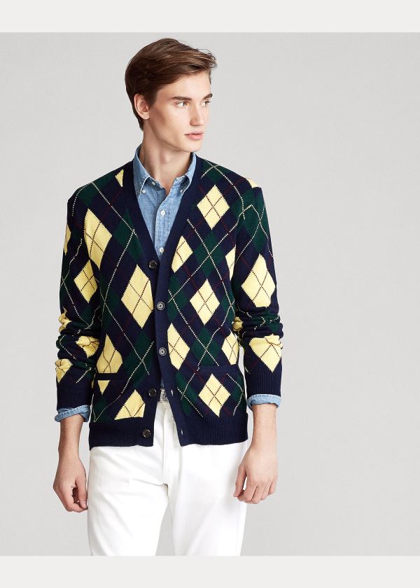 Ralph Lauren Argyle Bavlněné-Blend Cardigan Tmavě Blankyt | 5ZL31Ca1