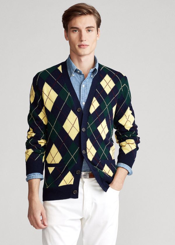 Ralph Lauren Argyle Bavlněné-Blend Cardigan Tmavě Blankyt | 5ZL31Ca1