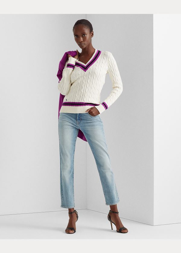 Ralph Lauren Bavlněné Cricket Svetrové Krém Fialové | ucVYUdYe