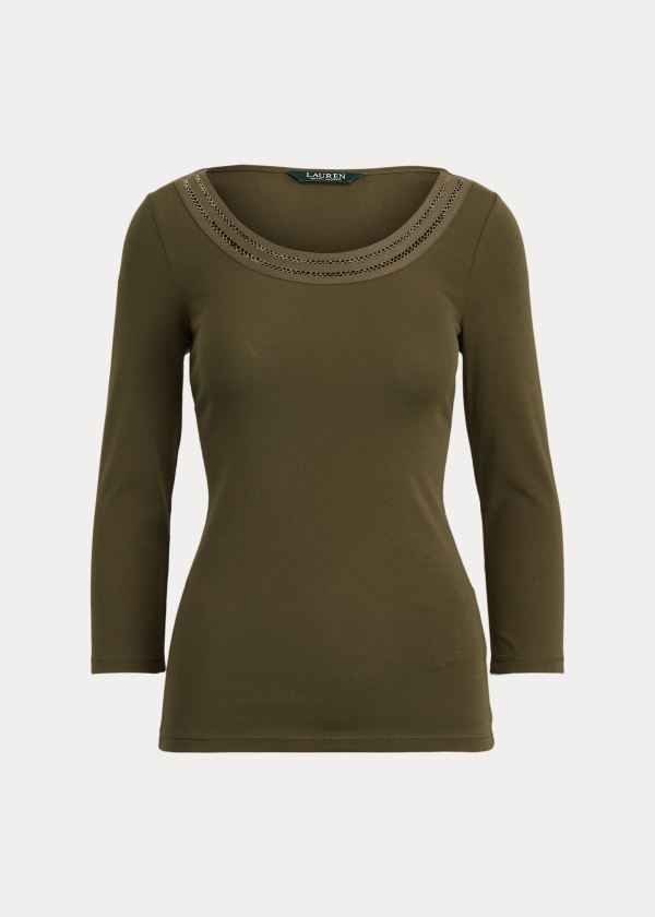 Ralph Lauren Bavlněné Elbow-Sleeve Top Tmavě Olivy Zelené | nzYDNHNa