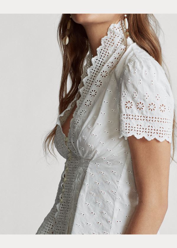 Ralph Lauren Bavlněné Eyelet Peplum Blouse Bílé | UqlXNIf1