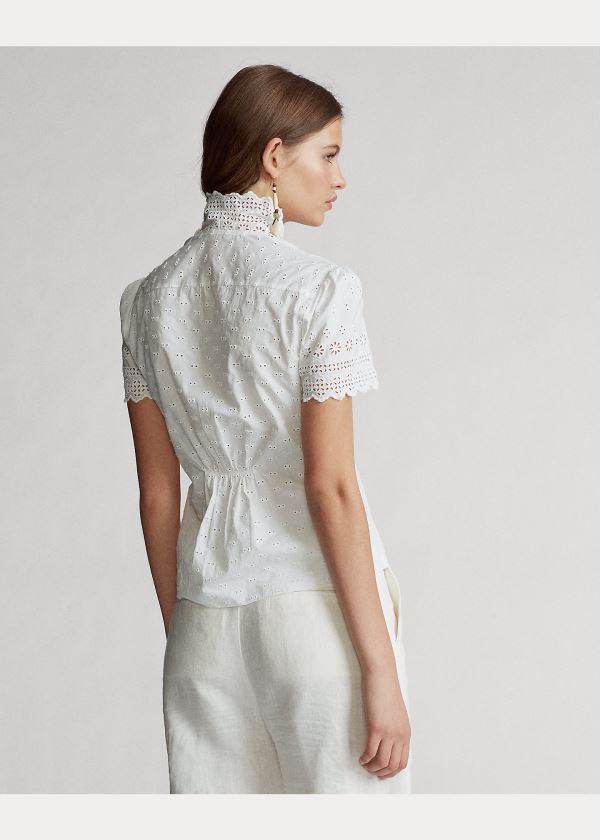 Ralph Lauren Bavlněné Eyelet Peplum Blouse Bílé | UqlXNIf1