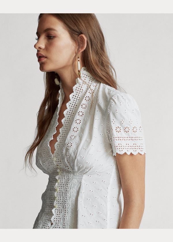 Ralph Lauren Bavlněné Eyelet Peplum Blouse Bílé | UqlXNIf1