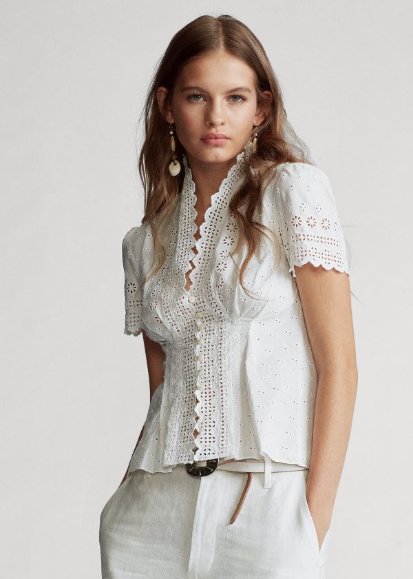 Ralph Lauren Bavlněné Eyelet Peplum Blouse Bílé | UqlXNIf1