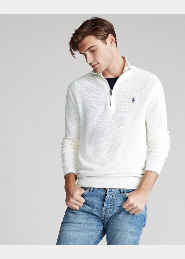 Ralph Lauren Bavlněné Half-Zip Svetrové Bílé | b4MpDGnQ