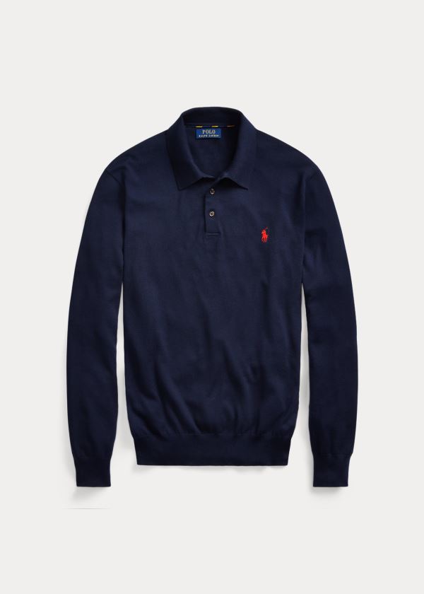 Ralph Lauren Bavlněné Polo-Collar Svetrové Tmavě Blankyt | dmLUqe5Z