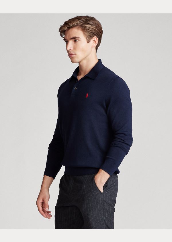Ralph Lauren Bavlněné Polo-Collar Svetrové Tmavě Blankyt | dmLUqe5Z