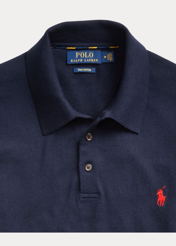 Ralph Lauren Bavlněné Polo-Collar Svetrové Tmavě Blankyt | dmLUqe5Z