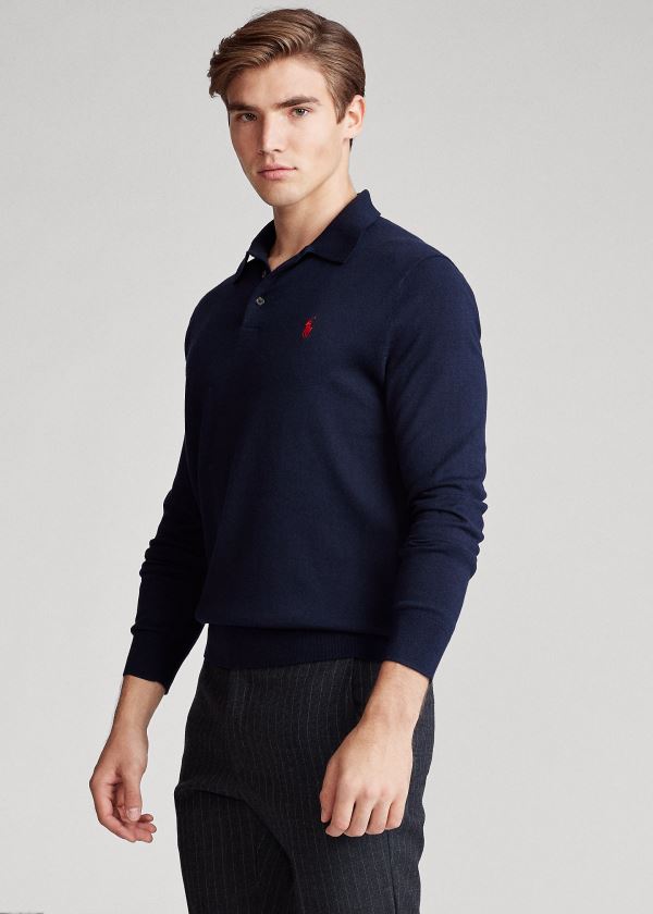 Ralph Lauren Bavlněné Polo-Collar Svetrové Tmavě Blankyt | dmLUqe5Z