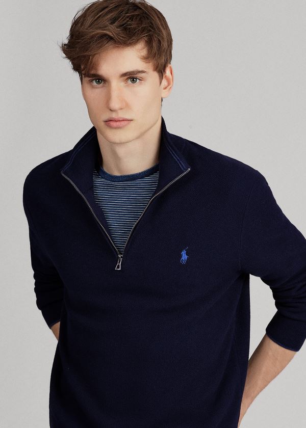 Ralph Lauren Bavlněné Quarter-Zip Svetrové Tmavě Blankyt | zYxQVnmS