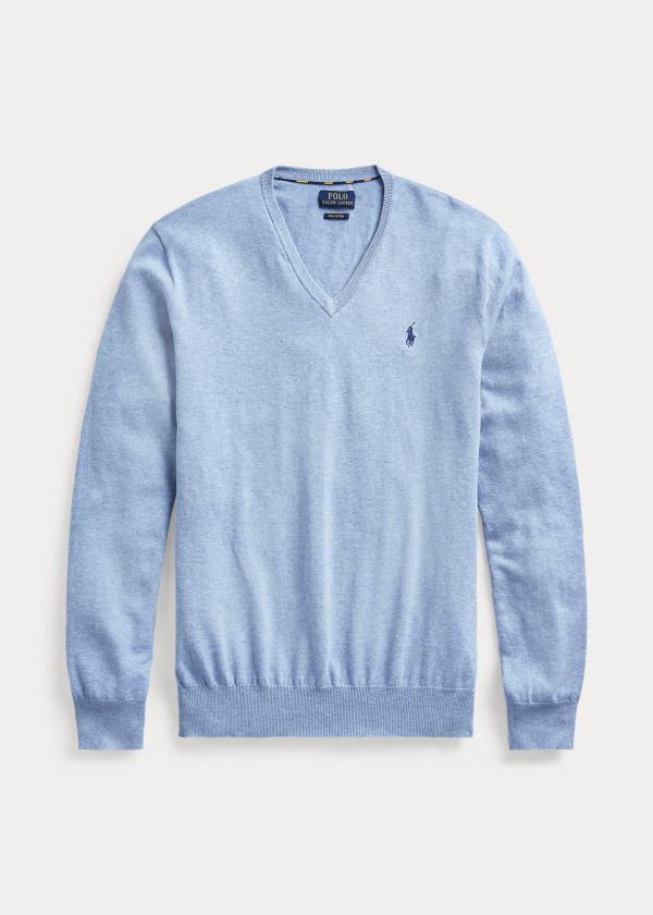 Ralph Lauren Bavlněné V-Neck Svetrové Blankyt | rkJzBPYM