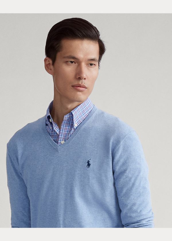 Ralph Lauren Bavlněné V-Neck Svetrové Blankyt | rkJzBPYM