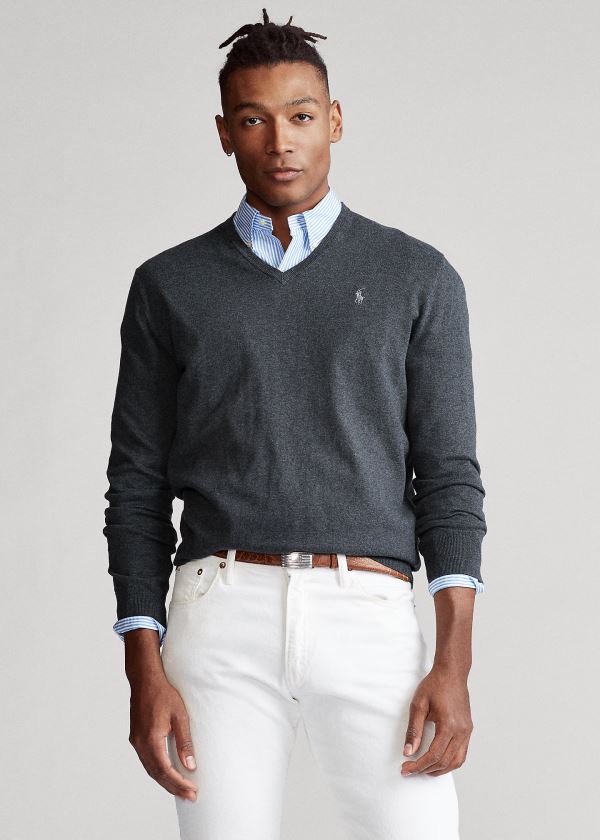 Ralph Lauren Bavlněné V-Neck Svetrové Tmavě Šedé | Wleqa7wM