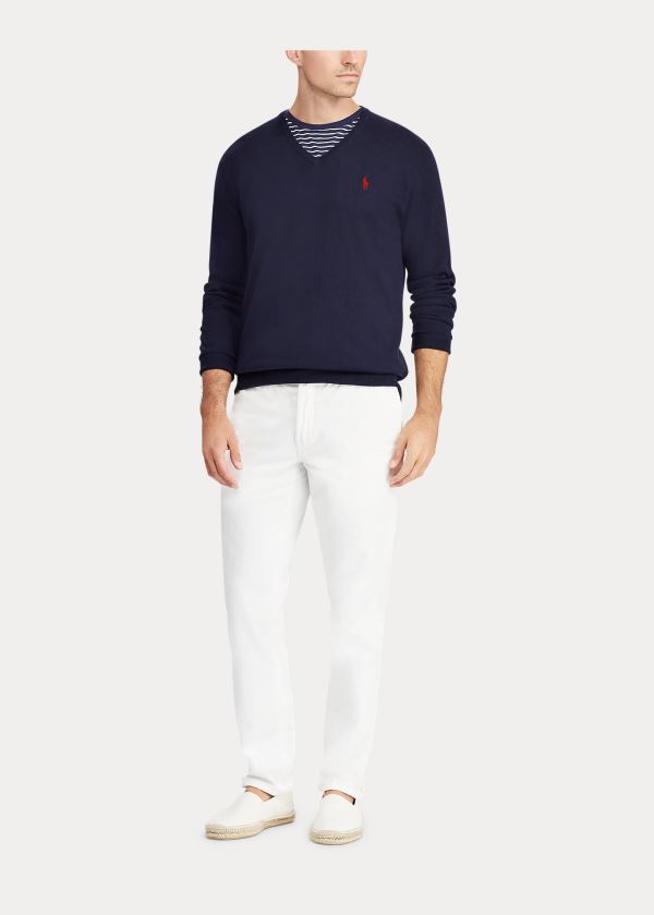 Ralph Lauren Bavlněné V-Neck Svetrové Tmavě Blankyt | e09Y4WUc