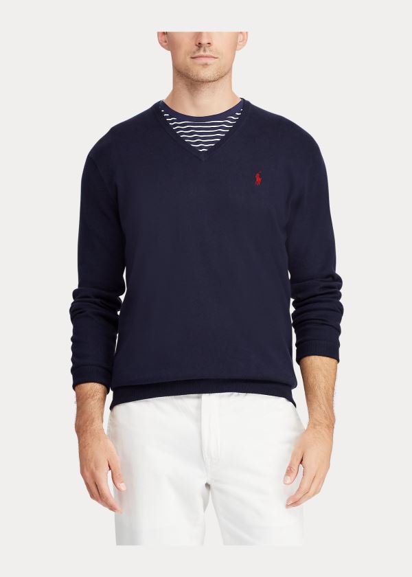 Ralph Lauren Bavlněné V-Neck Svetrové Tmavě Blankyt | e09Y4WUc