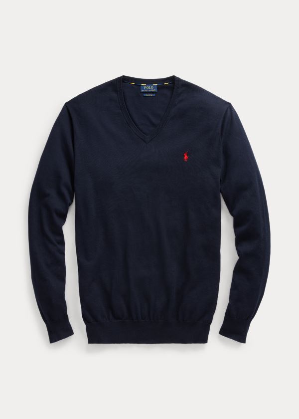 Ralph Lauren Bavlněné V-Neck Svetrové Tmavě Blankyt | pJDWewyX