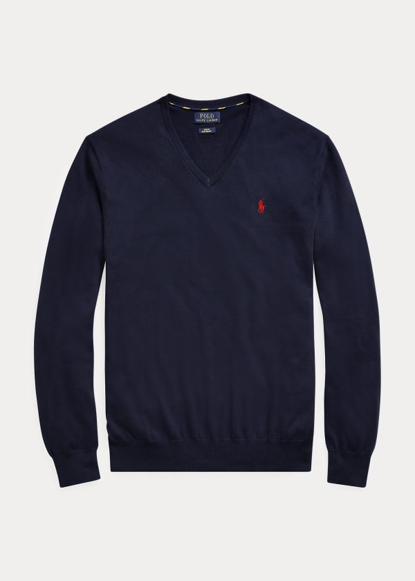 Ralph Lauren Bavlněné V-Neck Svetrové Tmavě Blankyt | uwPoqBg0