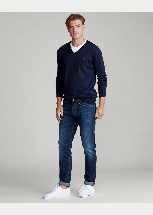 Ralph Lauren Bavlněné V-Neck Svetrové Tmavě Blankyt | uwPoqBg0
