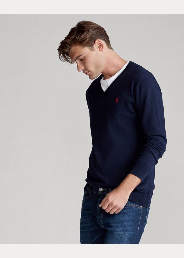 Ralph Lauren Bavlněné V-Neck Svetrové Tmavě Blankyt | uwPoqBg0