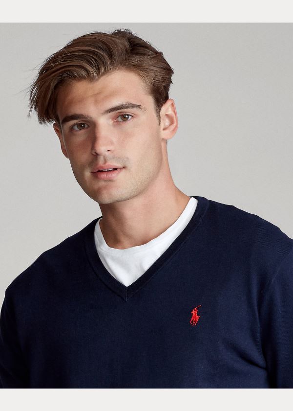 Ralph Lauren Bavlněné V-Neck Svetrové Tmavě Blankyt | uwPoqBg0