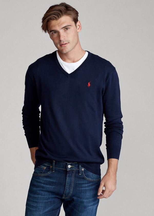 Ralph Lauren Bavlněné V-Neck Svetrové Tmavě Blankyt | uwPoqBg0