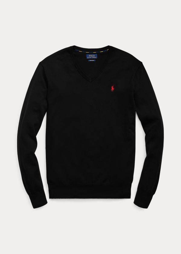 Ralph Lauren Bavlněné V-Neck Svetrové Černé | 393NvDuo