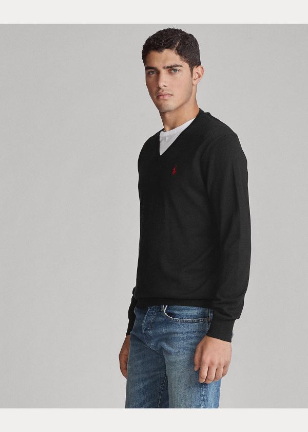 Ralph Lauren Bavlněné V-Neck Svetrové Černé | 393NvDuo