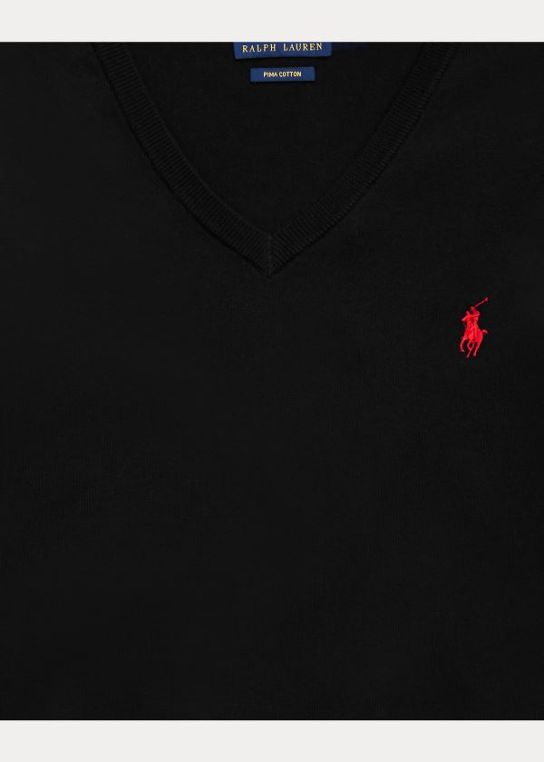 Ralph Lauren Bavlněné V-Neck Svetrové Černé | 393NvDuo