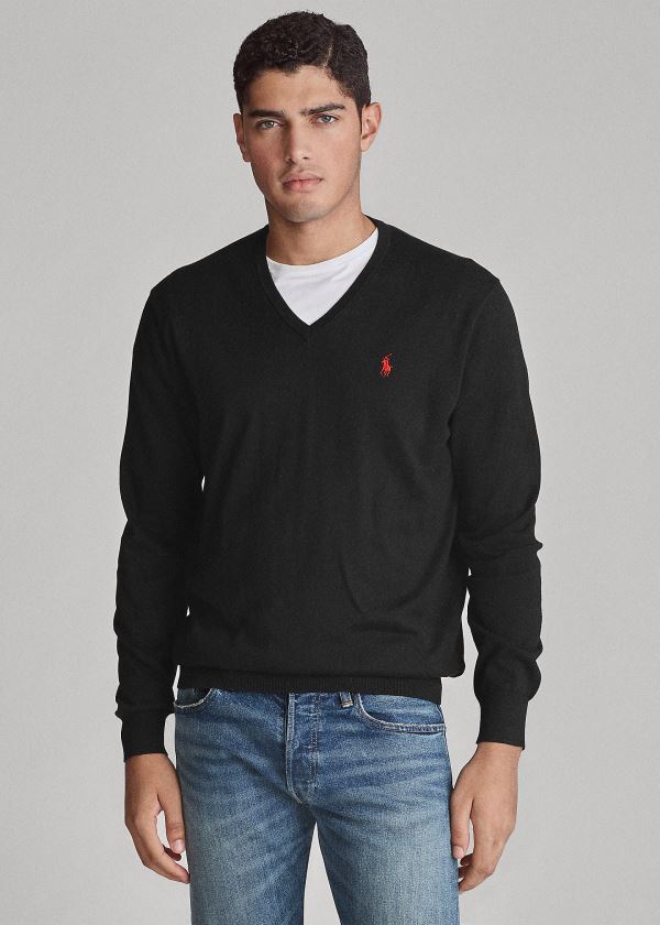 Ralph Lauren Bavlněné V-Neck Svetrové Černé | 393NvDuo