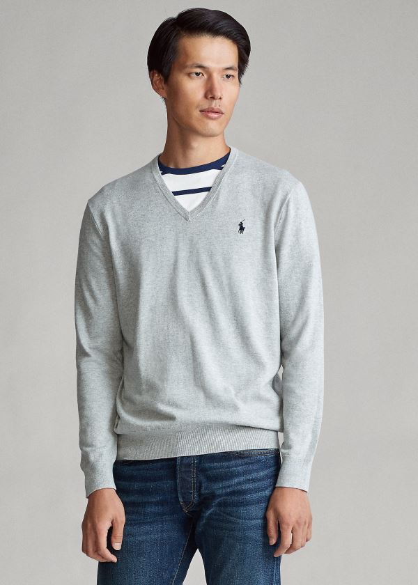 Ralph Lauren Bavlněné V-Neck Svetrové Šedé | sfdISPEw