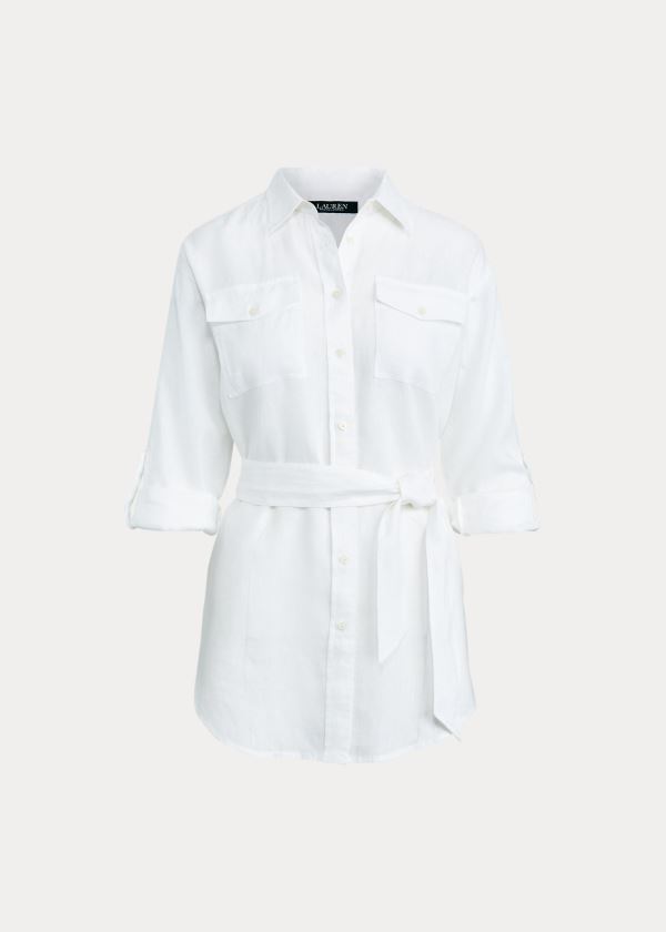 Ralph Lauren Belted Linen Shirt Bílé | qlThW5UJ