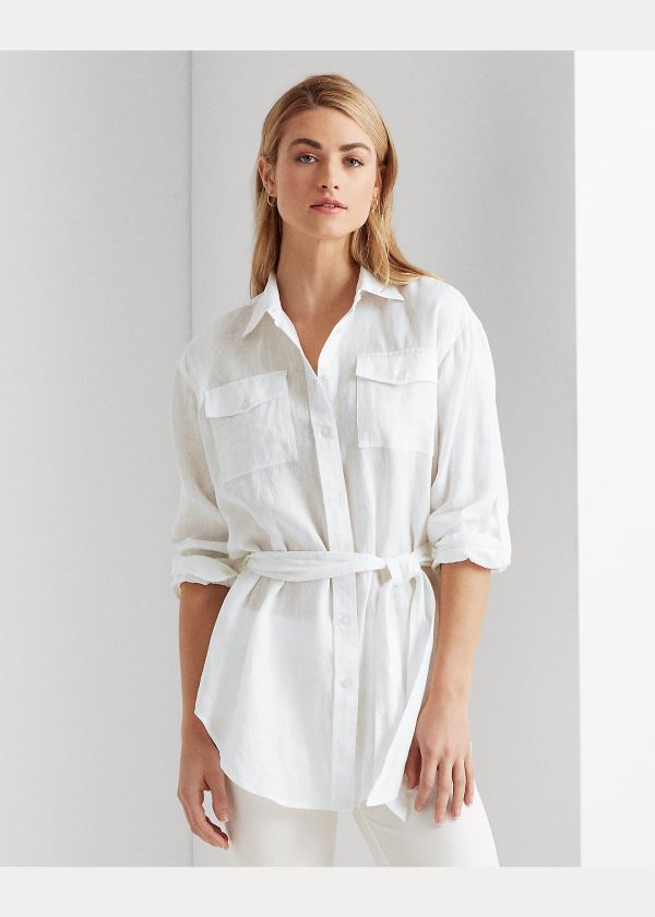 Ralph Lauren Belted Linen Shirt Bílé | qlThW5UJ