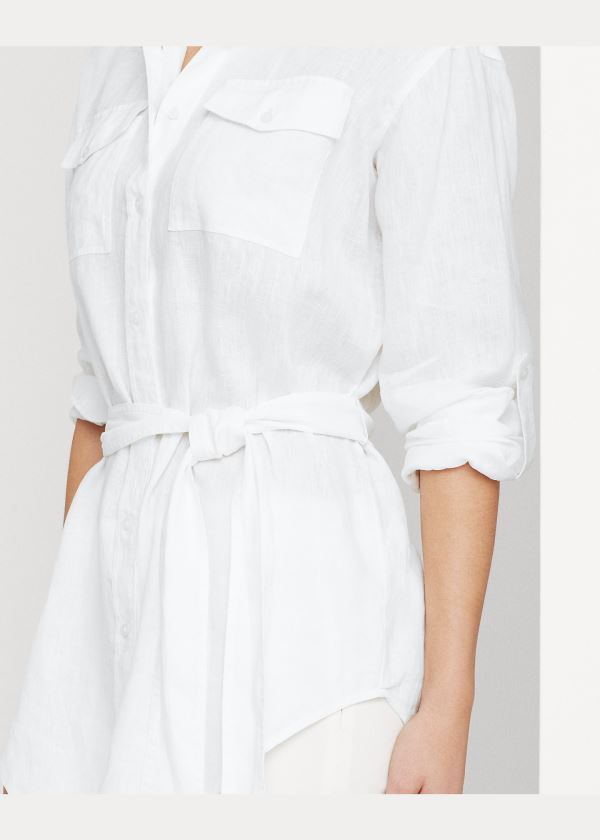 Ralph Lauren Belted Linen Shirt Bílé | qlThW5UJ
