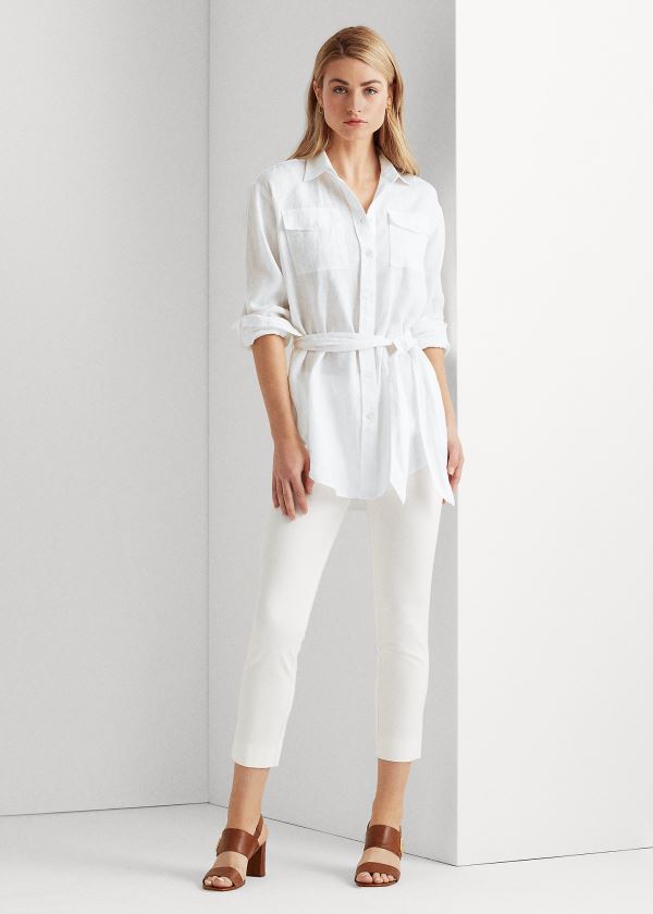 Ralph Lauren Belted Linen Shirt Bílé | qlThW5UJ