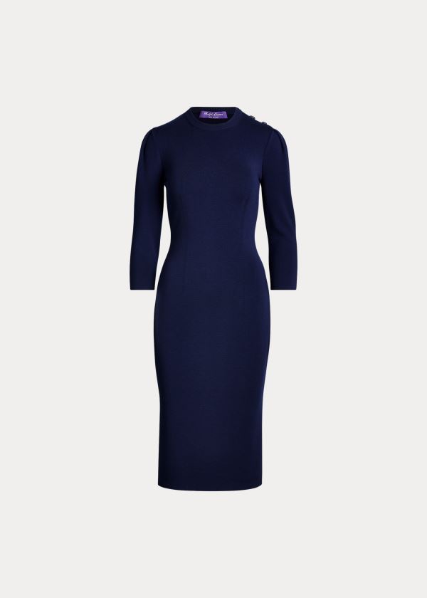 Ralph Lauren Button-Trim Stretch Wool Šaty Tmavě Blankyt | Nb8WtwlE