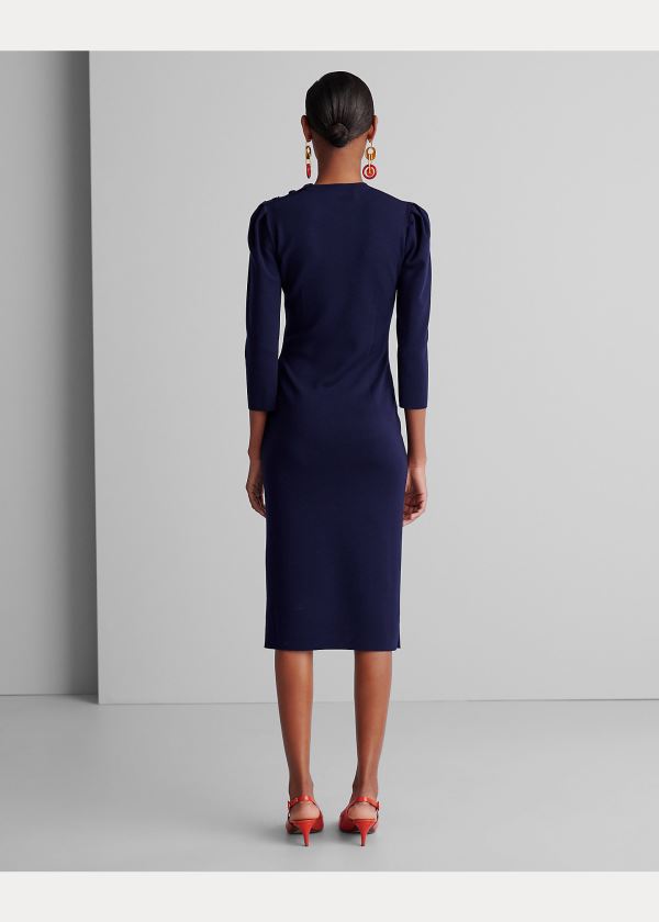 Ralph Lauren Button-Trim Stretch Wool Šaty Tmavě Blankyt | Nb8WtwlE