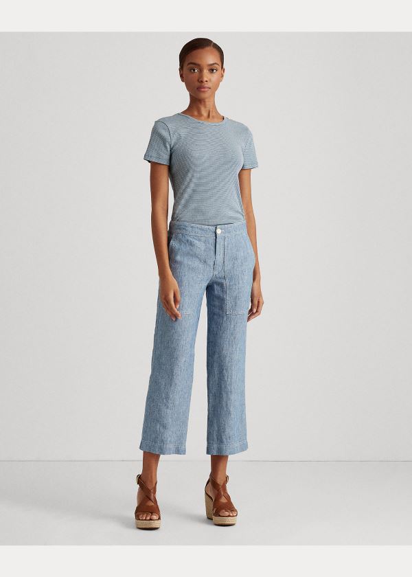 Ralph Lauren Button-Trim Striped Bavlněné Top Indigo Krém | APj7LmKm