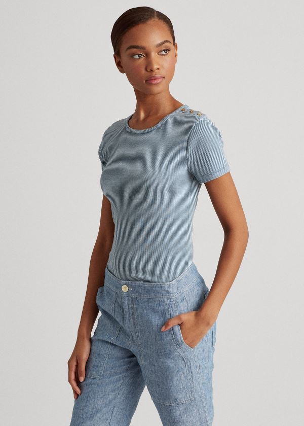Ralph Lauren Button-Trim Striped Bavlněné Top Indigo Krém | APj7LmKm