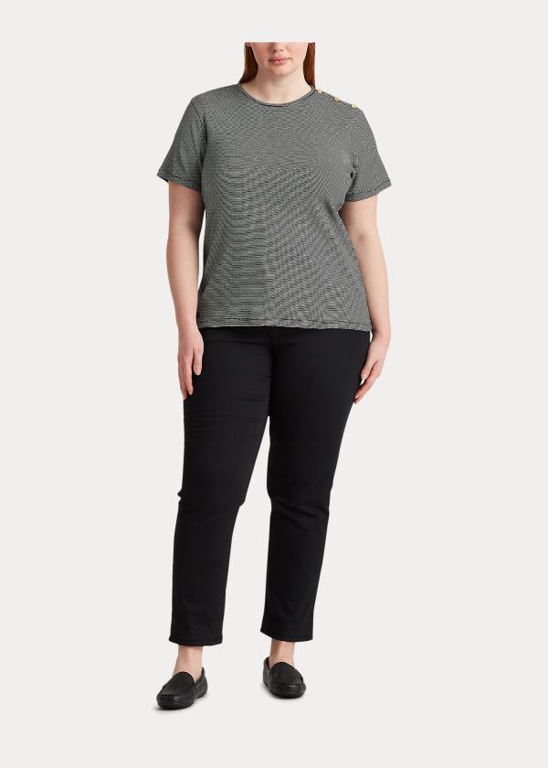 Ralph Lauren Button-Trim Striped Bavlněné Top Černé Krém | ptMZUudK