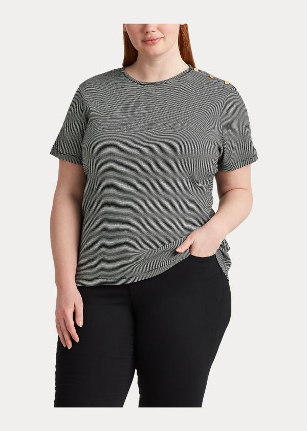 Ralph Lauren Button-Trim Striped Bavlněné Top Černé Krém | ptMZUudK